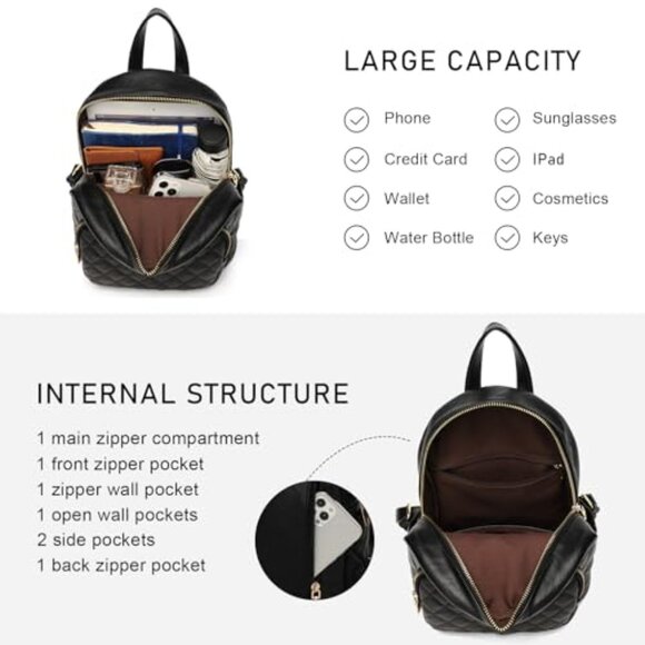 Quilted Mini Backpack PU Leather Satchel Daypack Chic Retro Designer Style